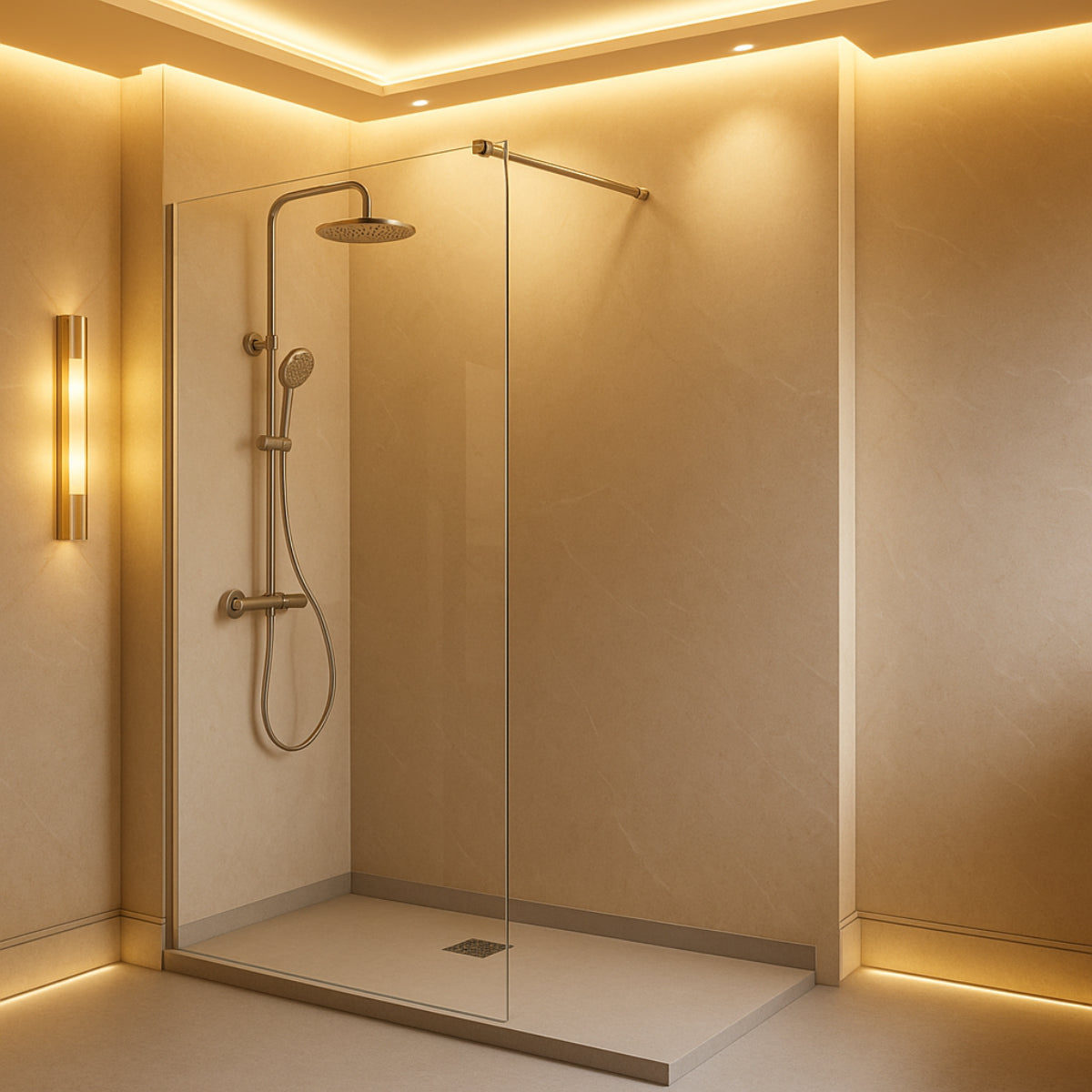 Mampara de ducha Fresh Kassandra, panel fijo de vidrio con perfil en plata brillo, estilo moderno y elegante, Errefe Home