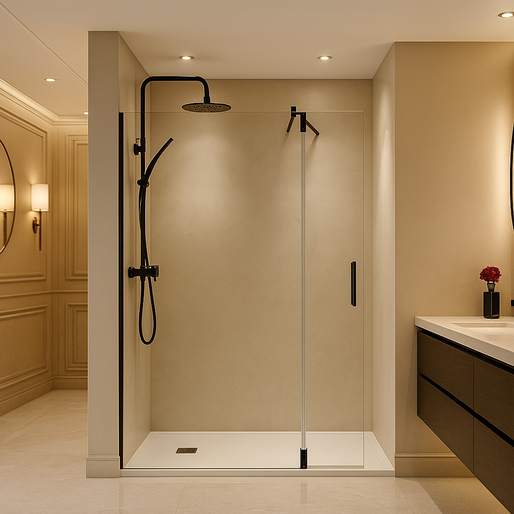 Mampara de ducha EXTENDED Becrisa vidrios transparentes, fijo + extensión abatible, herrajes negro mate, diseño 5 estrellas, Errefe Home