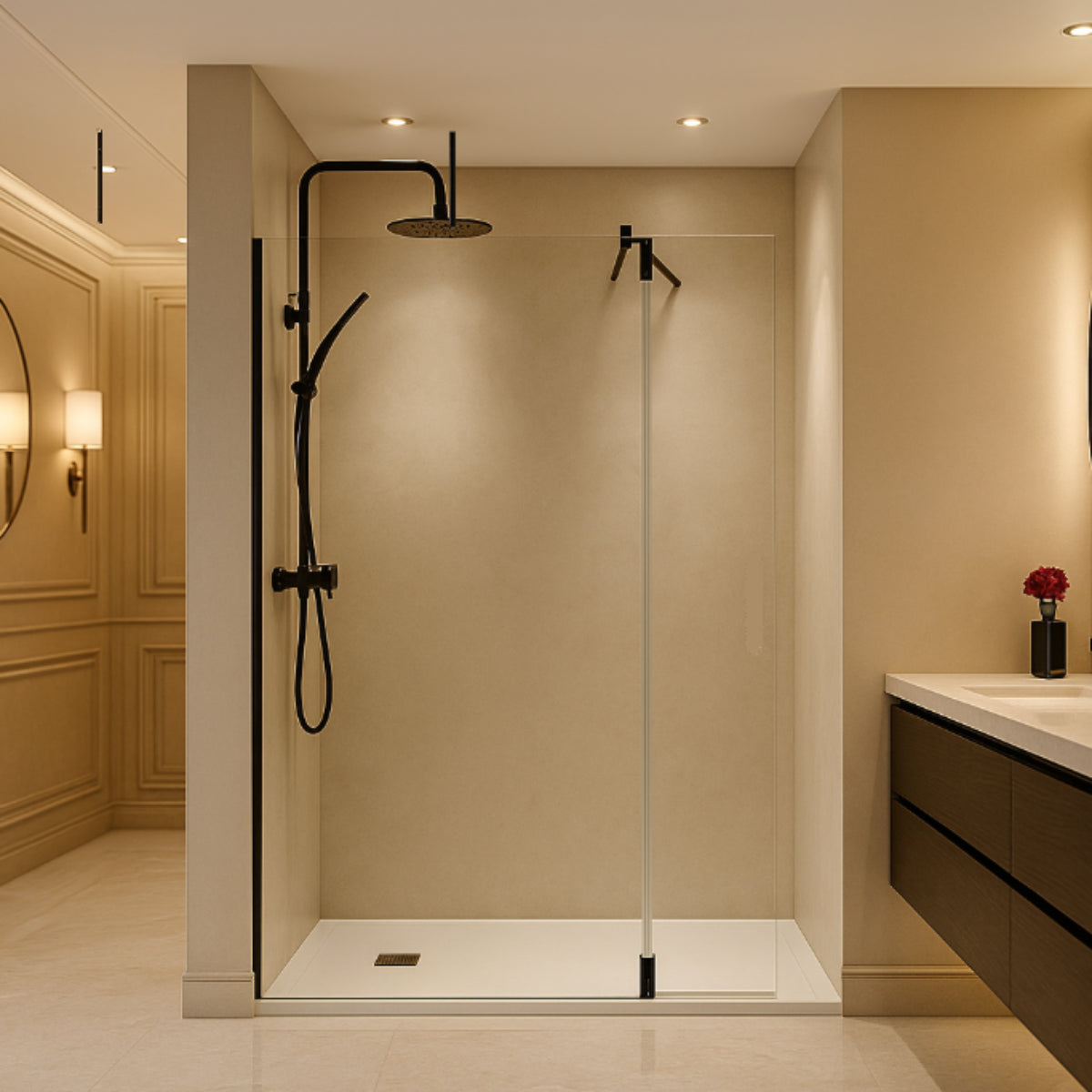 Mampara de ducha EXTENDED Becrisa vidrios transparentes, fijo + extensión abatible, herrajes en negro mate, diseño con glamour y distinción, Errefe Home