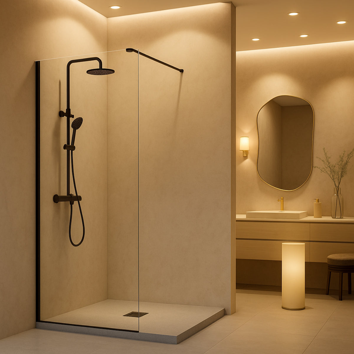 Mampara de ducha Fresh Kassandra, panel fijo de vidrio con perfil en negro mate, estilo moderno y elegante, Errefe Home