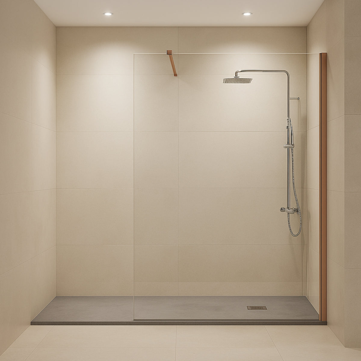 Mampara de ducha Fresh Kassandra, panel fijo de vidrio con perfil en oro rosa, glamour con personalidad, Errefe Home