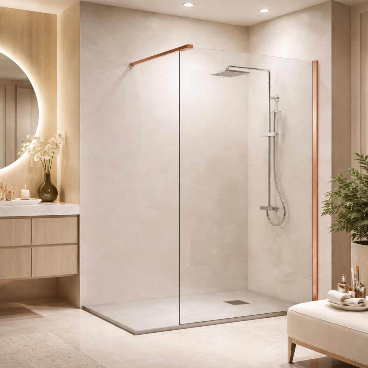 Mampara de ducha Fresh Kassandra, panel fijo de vidrio con perfil en oro rosa, estilo moderno y elegante, Errefe Home