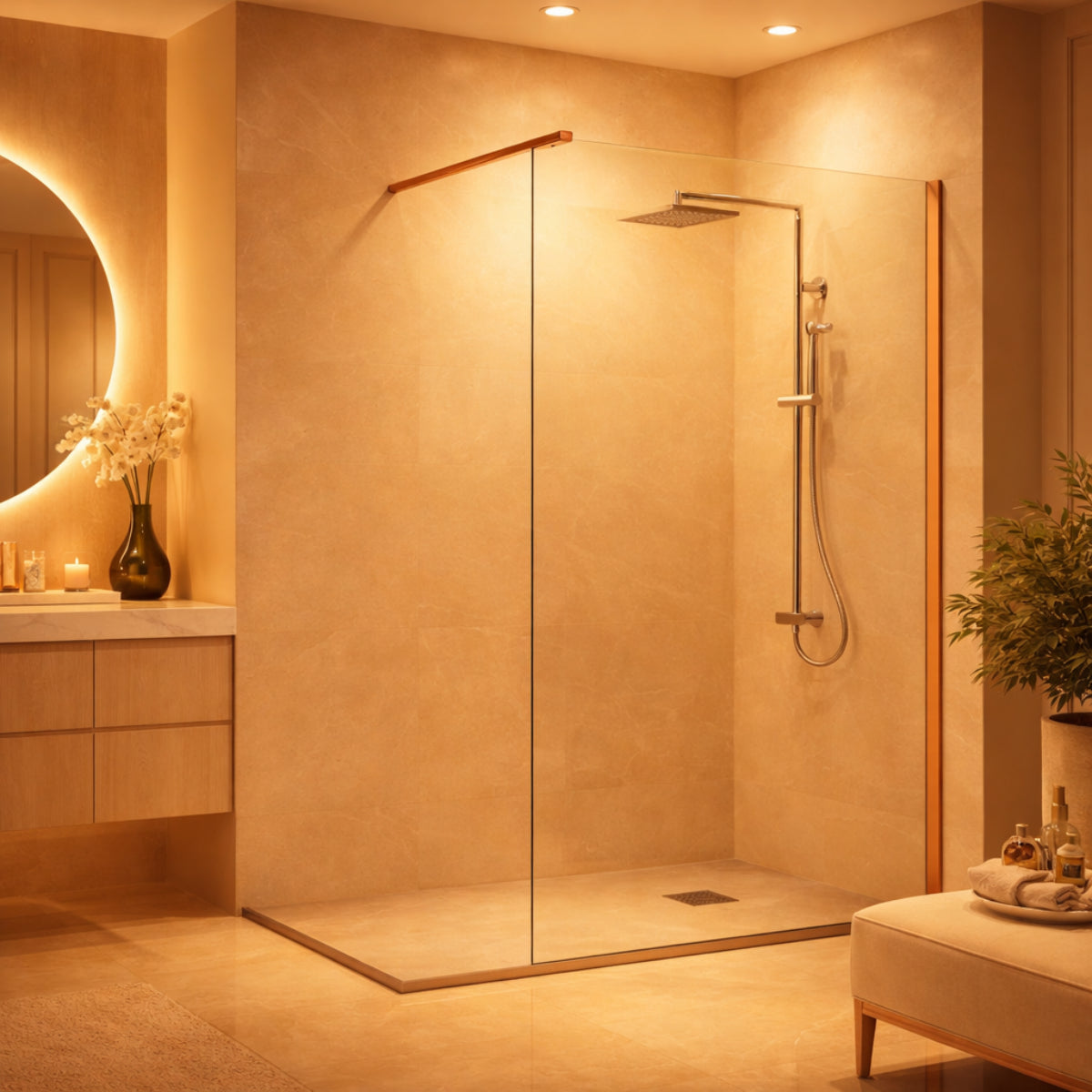 Mampara de ducha Fresh Kassandra, panel fijo de vidrio con perfil en oro rosa, glamour y exclusividad, Errefe Home