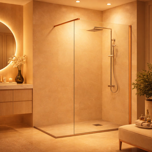 Mampara de ducha Fresh Kassandra, panel fijo de vidrio con perfil en oro rosa, glamour y exclusividad, Errefe Home