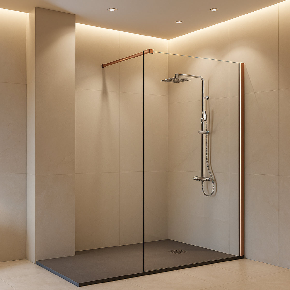 Mampara de ducha Fresh Kassandra, panel fijo de vidrio con perfil en oro rosa, glamour y estilo, Errefe Home