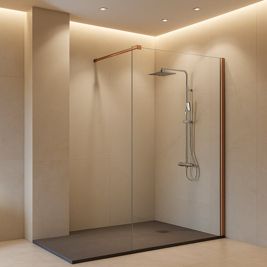 Mampara de ducha Fresh Kassandra, panel fijo de vidrio con perfil en oro rosa, glamour y estilo, Errefe Home