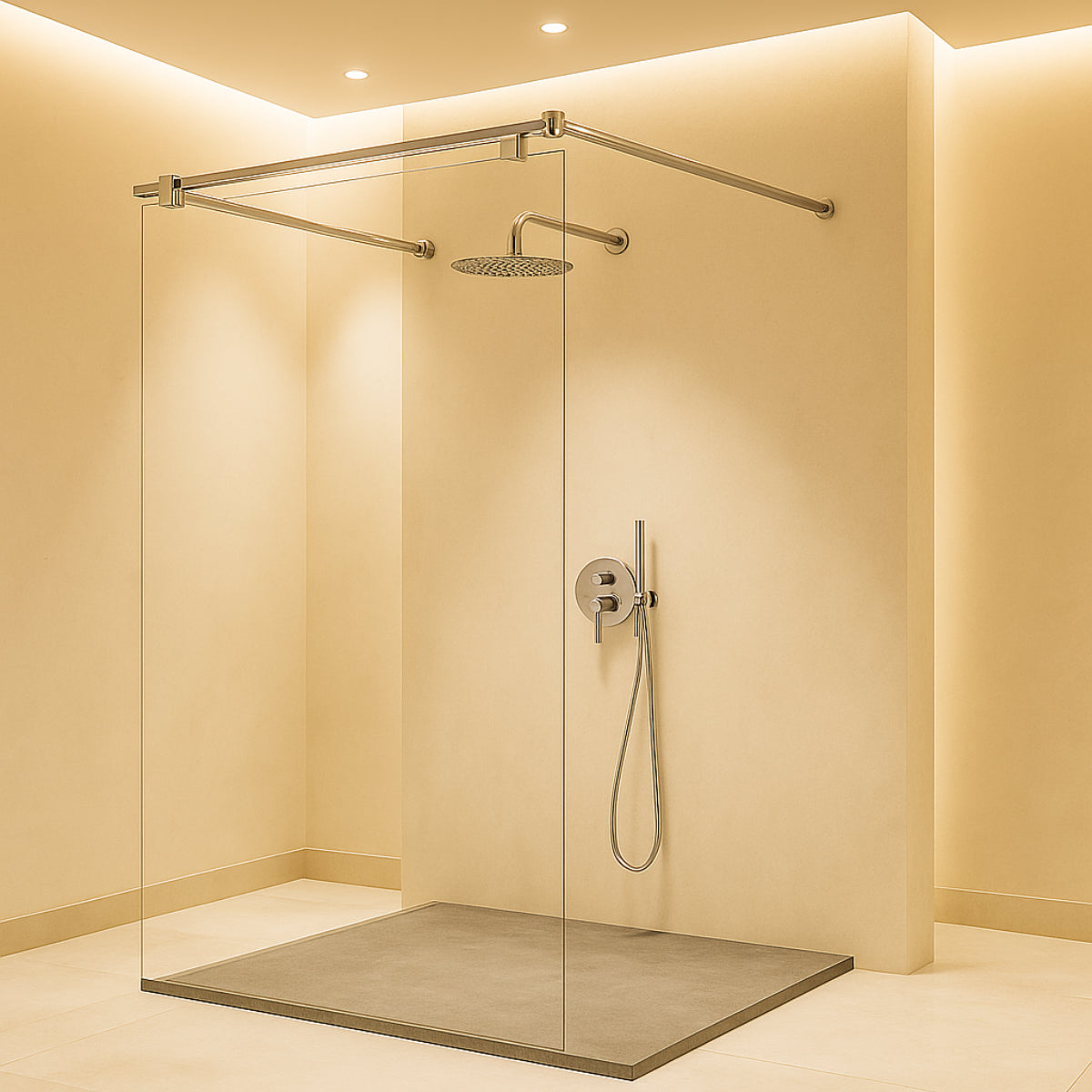 Mampara de ducha panel fijo Fresh Salomon Kassandra, con 2 barras de sujeción de 90 cm en acero inoxidable acabado brillo, diseño ligero, Errefe Home.