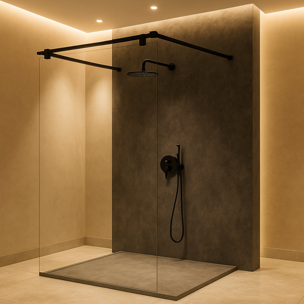 Mampara de ducha panel fijo Fresh Salomon Kassandra, con 2 barras de sujeción de 90 cm en acero inoxidable acabado negro mate, diseño ligero, Errefe Home.