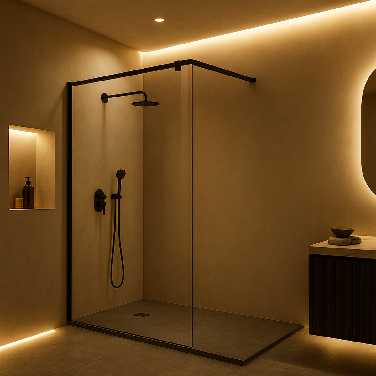 Mampara de ducha Fresh Salomon Kassandra, vidrio fijo con barra a 90º de 90 cm en inox negro mate, diseño funcional y versátil, Errefe Home