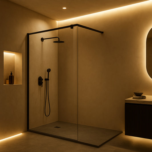 Mampara de ducha Fresh Salomon Kassandra, vidrio fijo con barra a 90º de 90 cm en inox negro mate, diseño funcional y versátil, Errefe Home