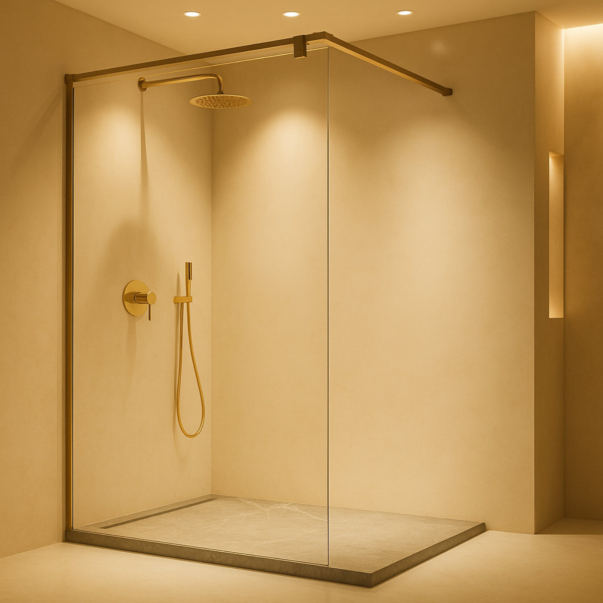 Mampara de ducha Fresh Salomon Kassandra, vidrio fijo con barra a 90º de 90 cm en inox oro cepillado, diseño 5 estrellas, versátil, Errefe Home