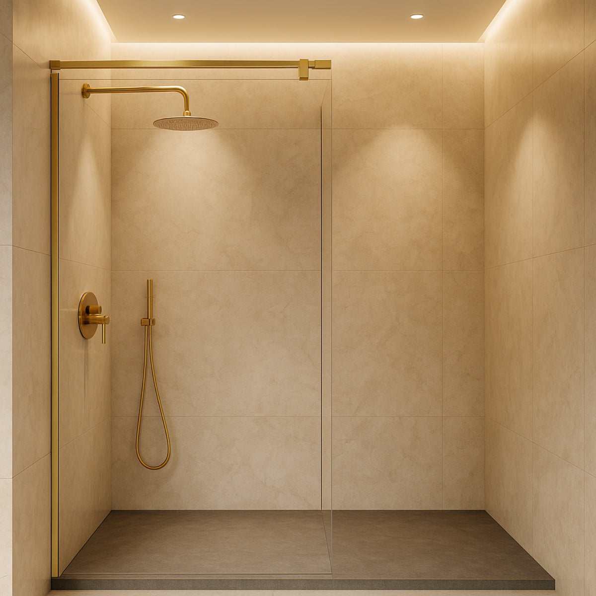 Mampara de ducha Fresh Salomon Kassandra, vidrio fijo con barra a 90º de 90 cm en inox oro cepillado, diseño funcional y versátil, Errefe Home