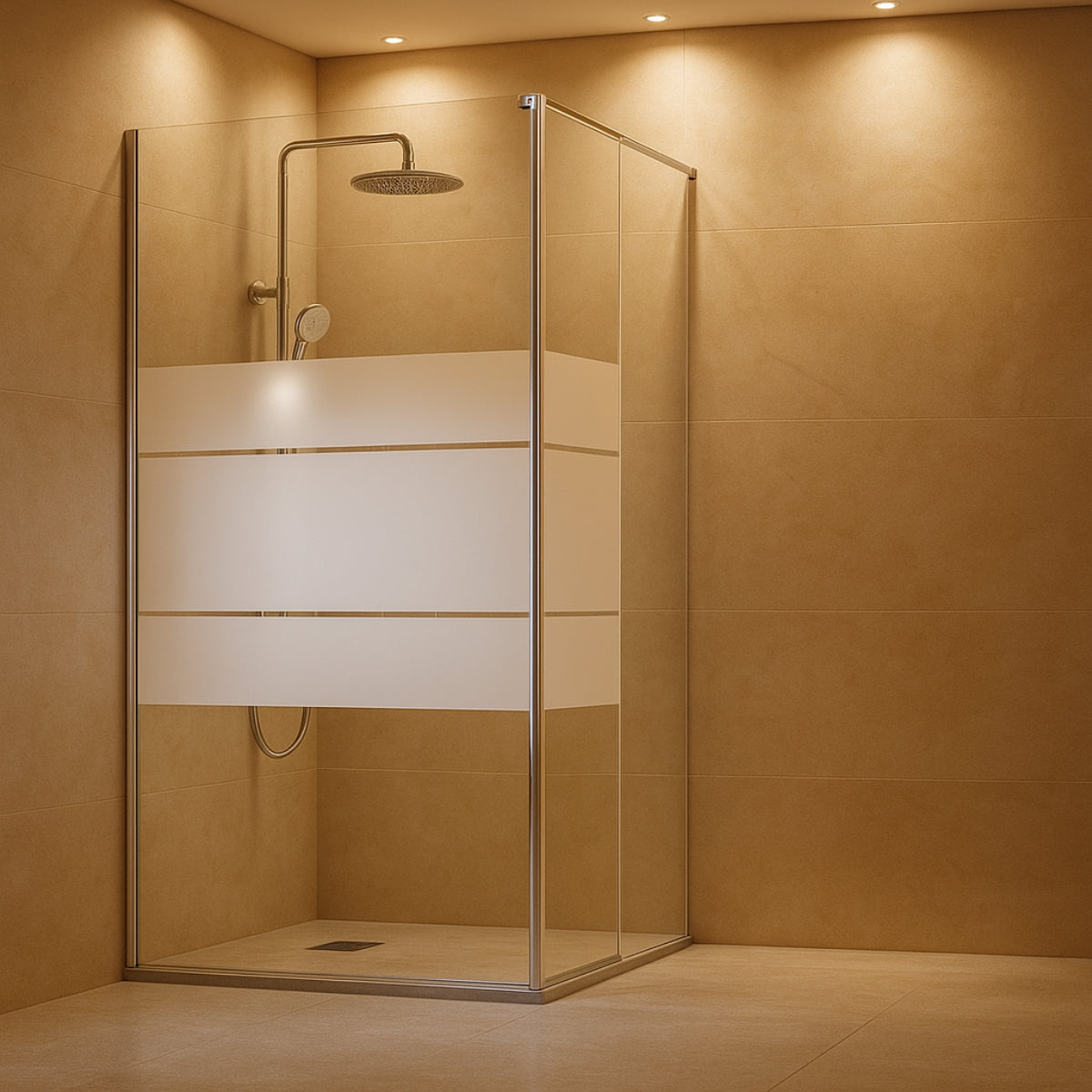 Mampara de ducha Giro de Kassandra, vidrio decorativo fijo + abatible, perfil en plata brillo, diseño práctico y estético, Errefe Home