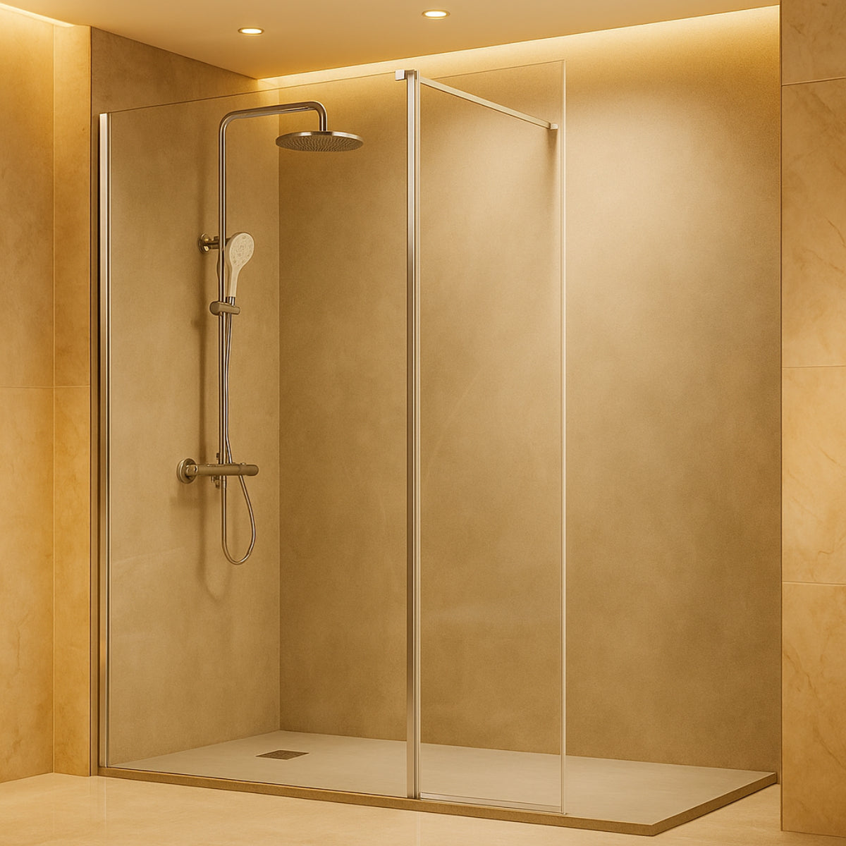 Mampara de ducha Giro de Kssandra vidrio transparente fijo + abatible, perfil en plata brillo, diseño práctico y estético, Errefe Home