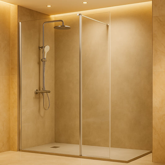 Mampara de ducha Giro de Kssandra vidrio transparente fijo + abatible, perfil en plata brillo, diseño práctico y estético, Errefe Home