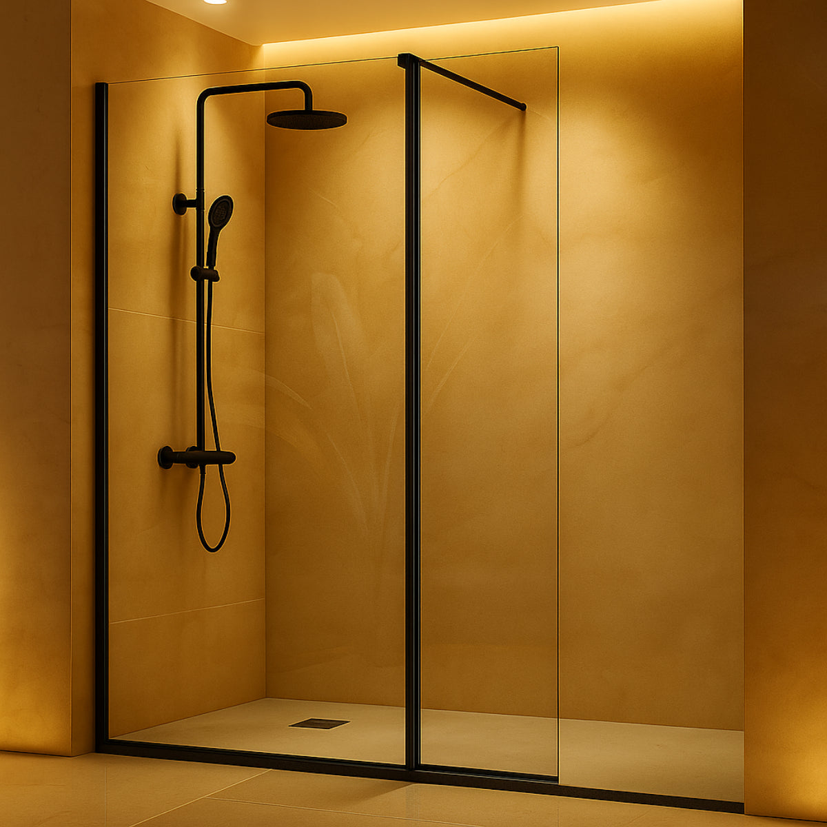 Mampara de ducha Giro de Kssandra vidrio transparente fijo + abatible, perfil en negro, diseño práctico y estético, Errefe Home