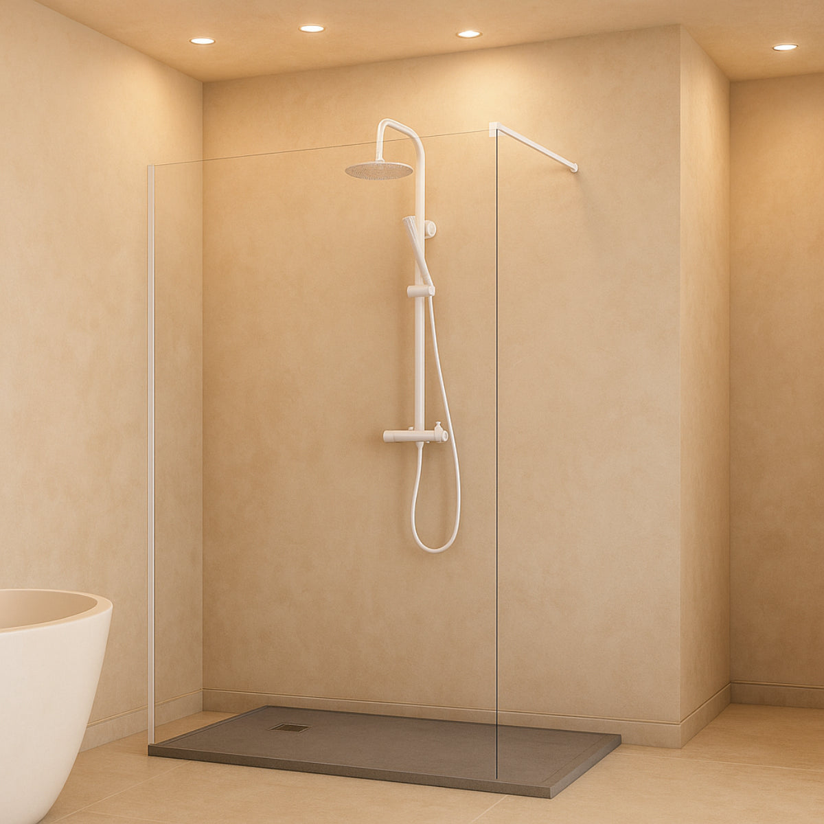 Mampara de ducha Manacor Kassandra, panel fijo con vidrio transparente, perfil blanco, diseño minimalista y elegante, Errefe Home