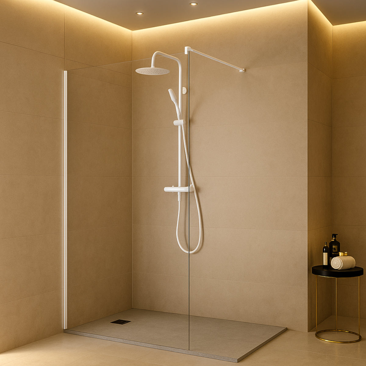 Mampara de ducha Manacor de Kassandra, panel fijo con vidrio transparente, perfilería blanca, diseño minimalista y elegante, Errefe Home