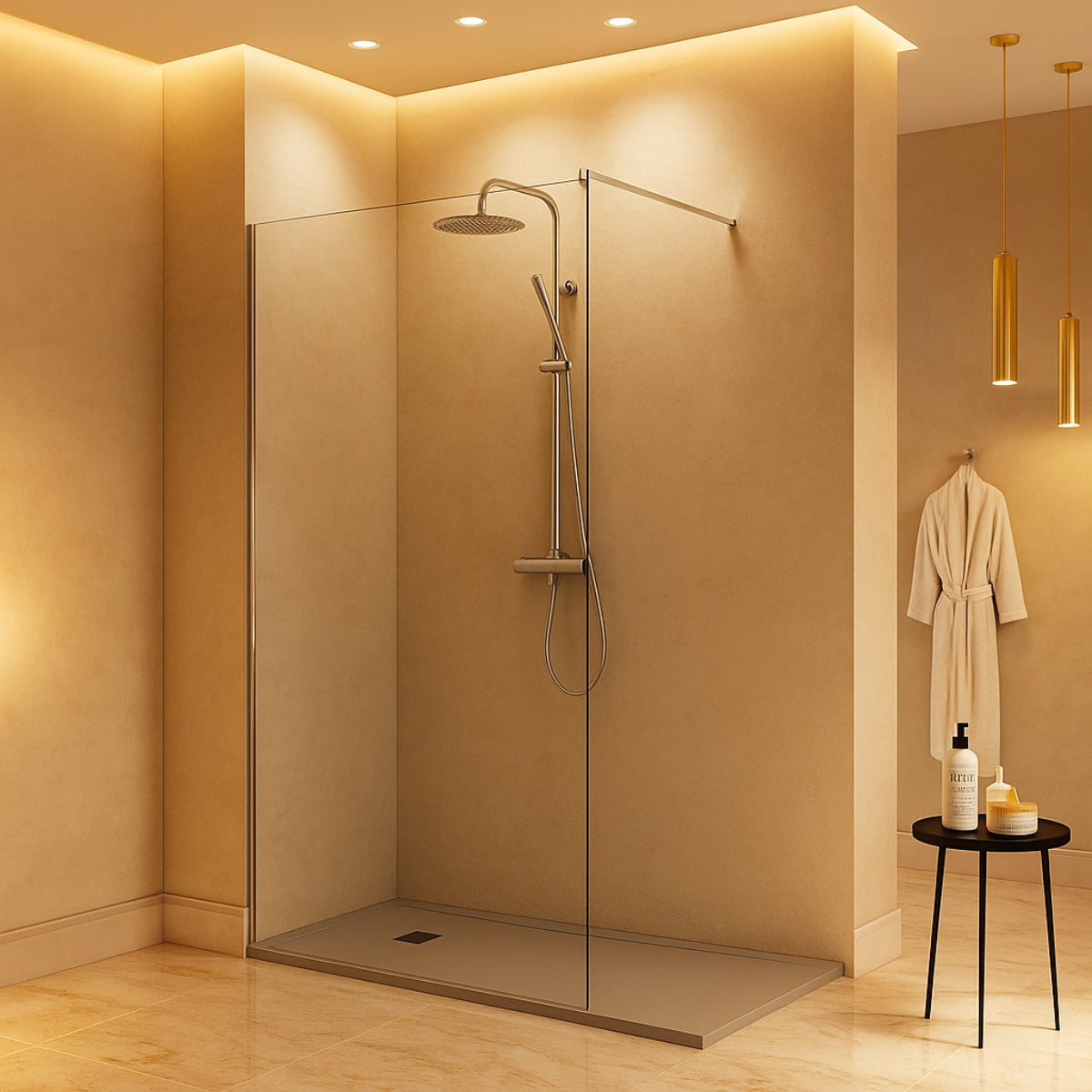 Mampara de ducha Manacor Kassandra, panel fijo con vidrio transparente, perfil cromo, diseño minimalista y elegante, Errefe Home