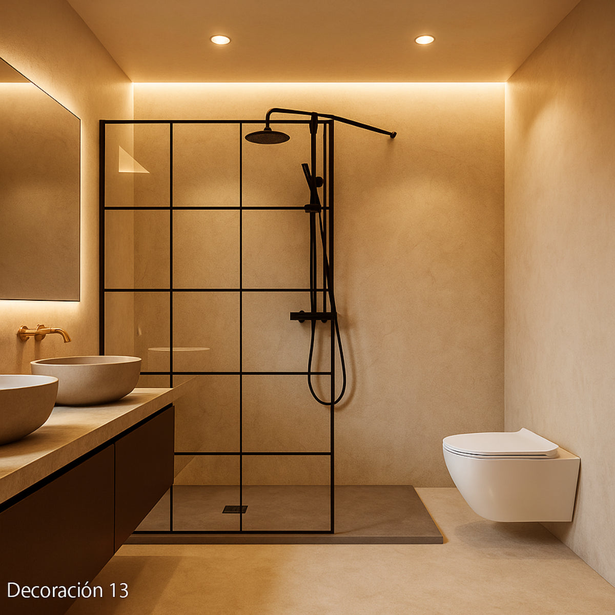 Mampara de ducha Denia Becrisa, vidrio fijo decorativo en cuadros, perfil negro mate, diseño industrial y de contraste, Errefe Home