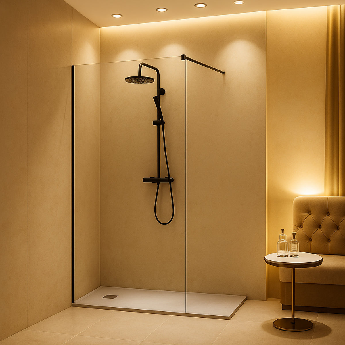 Mampara de ducha Manacor Kassandra, panel fijo con vidrio transparente, perfil negro mate, diseño minimalista y elegante, Errefe Home