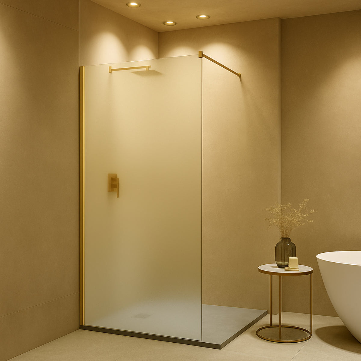 Mampara de ducha Manacor Kassandra, panel fijo con vidrio transparente, perfil acabado oro, diseño minimalista y elegante, Errefe Home