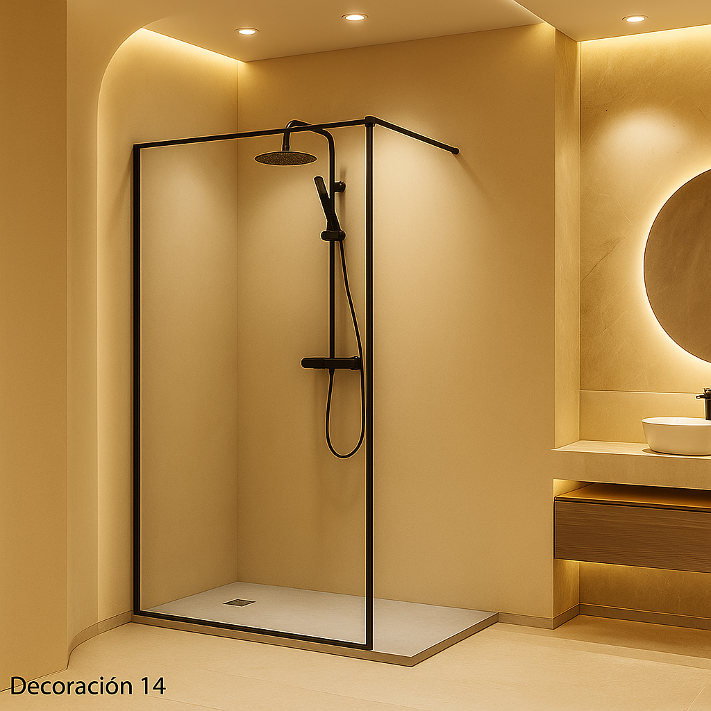 Mampara de ducha Manacor Becrisa, vidrio fijo decorativo perimetral con perfil en negro mate, estilo elegante y práctico, Errefe Home