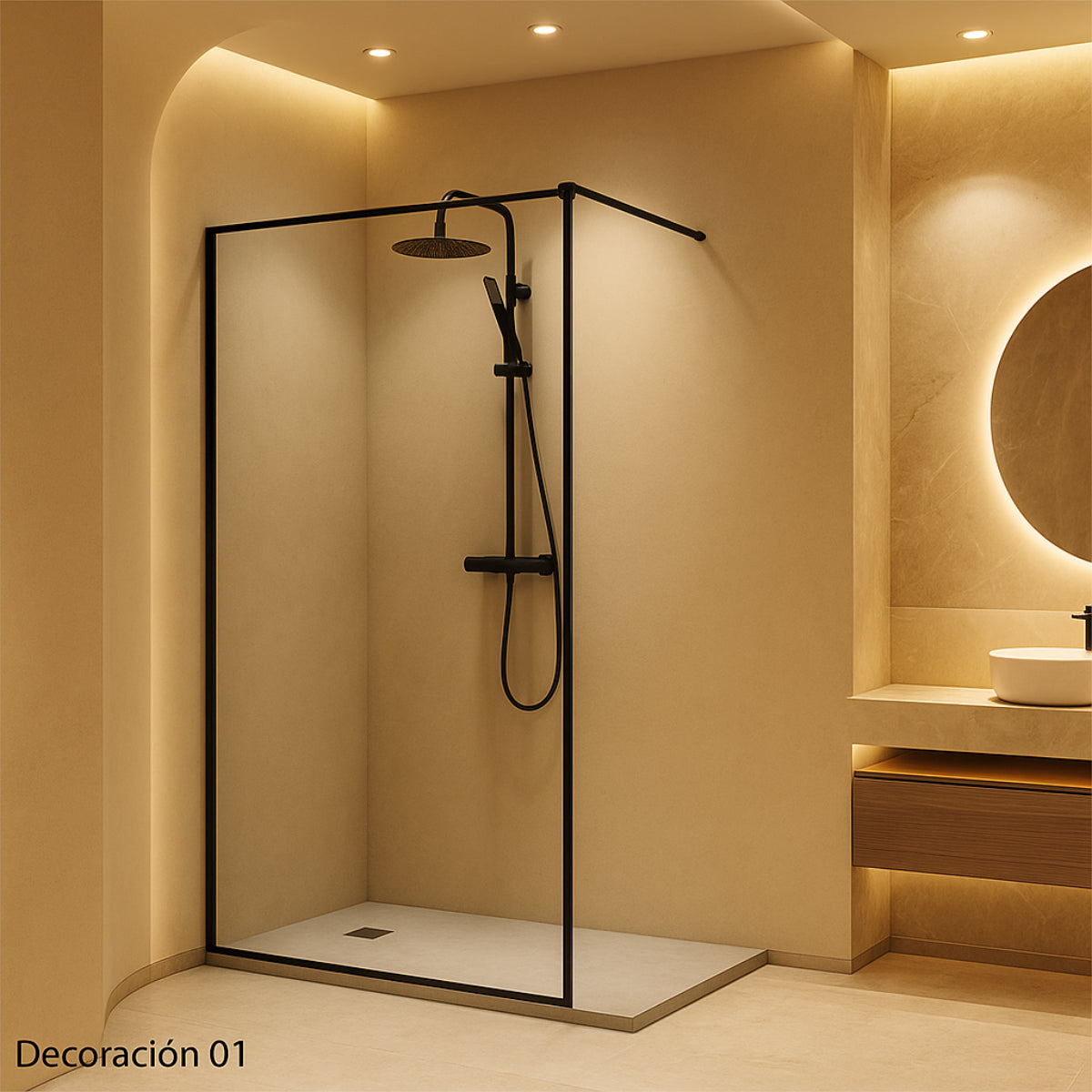 Mampara de ducha Manacor Becrisa, vidrio fijo decorativo perimetral con perfil en negro mate, estilo elegante y práctico, Errefe Home