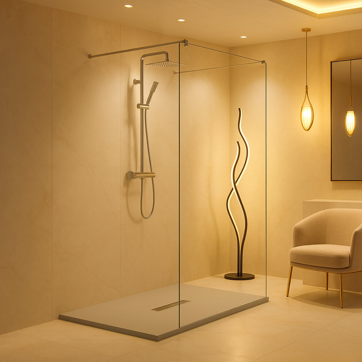 Mampara de baño Manacor Becrisa, vidrio fijo centrado tipo walk-in con perfiles en cromo vidrio transparente, minimalista y elegante, Errefe Home.