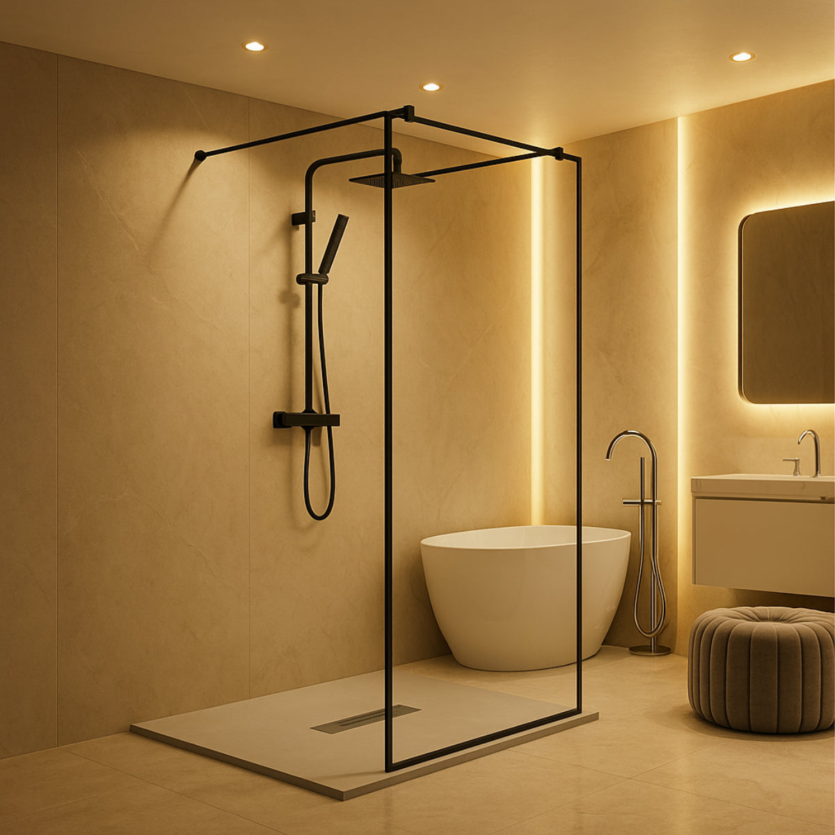 Mampara de baño Manacor Becrisa, vidrio fijo centrado tipo walk-in con perfiles en negro y cristal impresión digital, diseño minimalista y elegante, Errefe Home.
