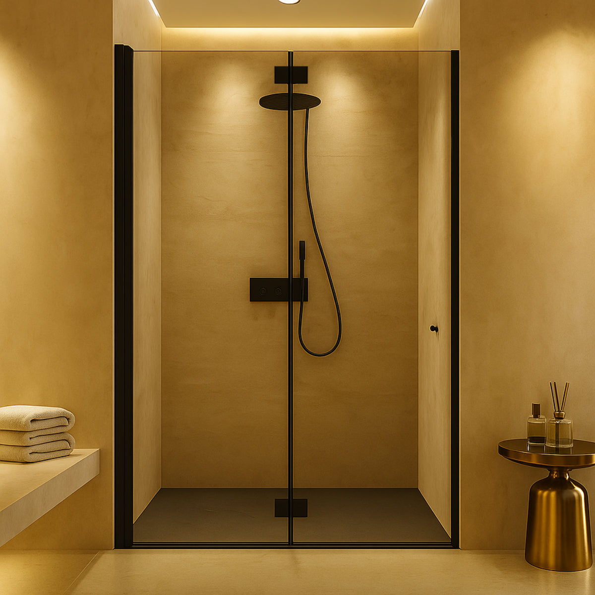 Mampara de ducha Nijar, Becrisa, 2 puertas plegables, perfil y bissagras en negro, diseño sobrio y elegante, Errefe Home