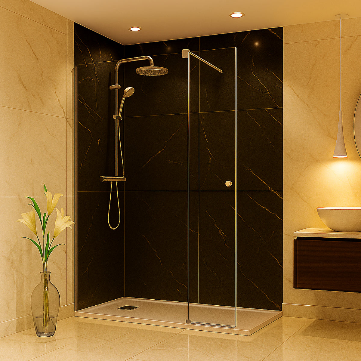 Mampara de ducha RONDA Becrisa vidrios decorativos, fijo + extensión corredera. Perfiles cromo, herrajes en acero inoxidable, diseño minimalista y estilizado, Errefe Home