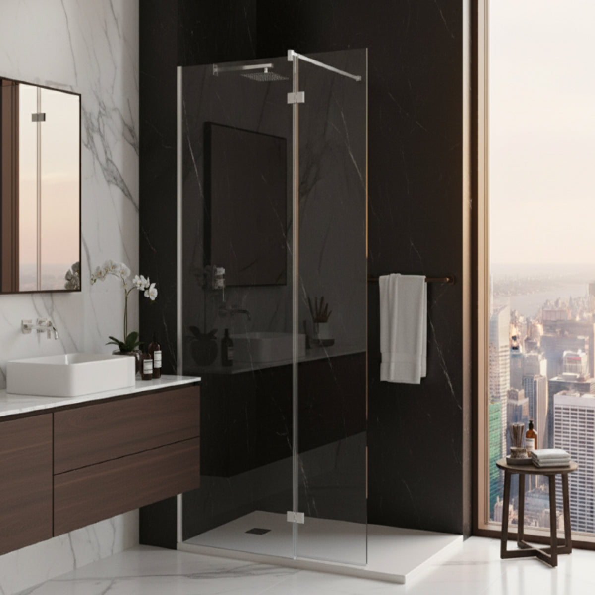 Mampara de ducha Zahara Panel fijo + extension abatible. Becrisa. Vidrio transparente, perfiles en cromo. Errefe Home