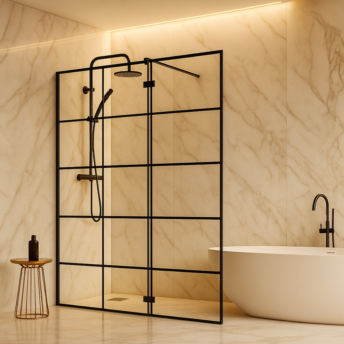 Mampara de ducha Zahara. Becrisa. Panel fijo + extensión abatible cromo. Perfiles negro mate. Vidrio transparemte. Errefe Home