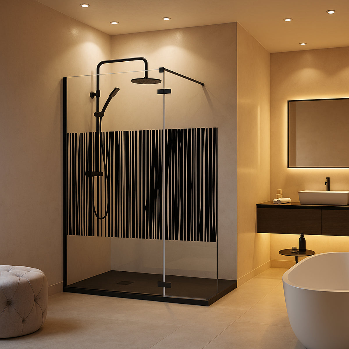 Mampara de ducha ZAHARA Becrisa vidrios decorativos, fijo + extensión abatible con bisagra y perfil negro mate, diseño minimalista y estilizado, Errefe Home