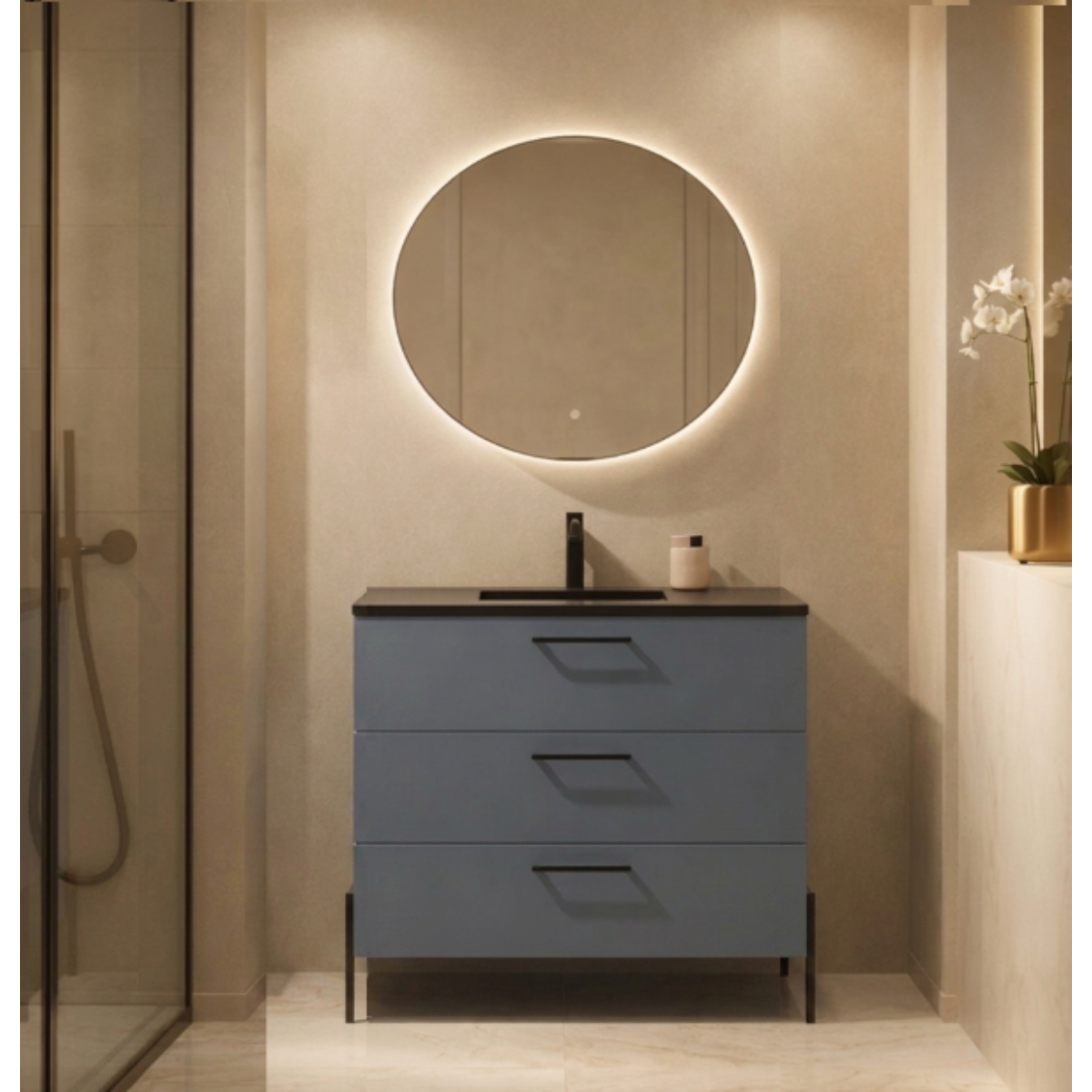 Mueble baño Carmen 100 cm lacado azul 52 lavabo integrado 3 cajones patas LUNGO Avila Dos Errefe Home