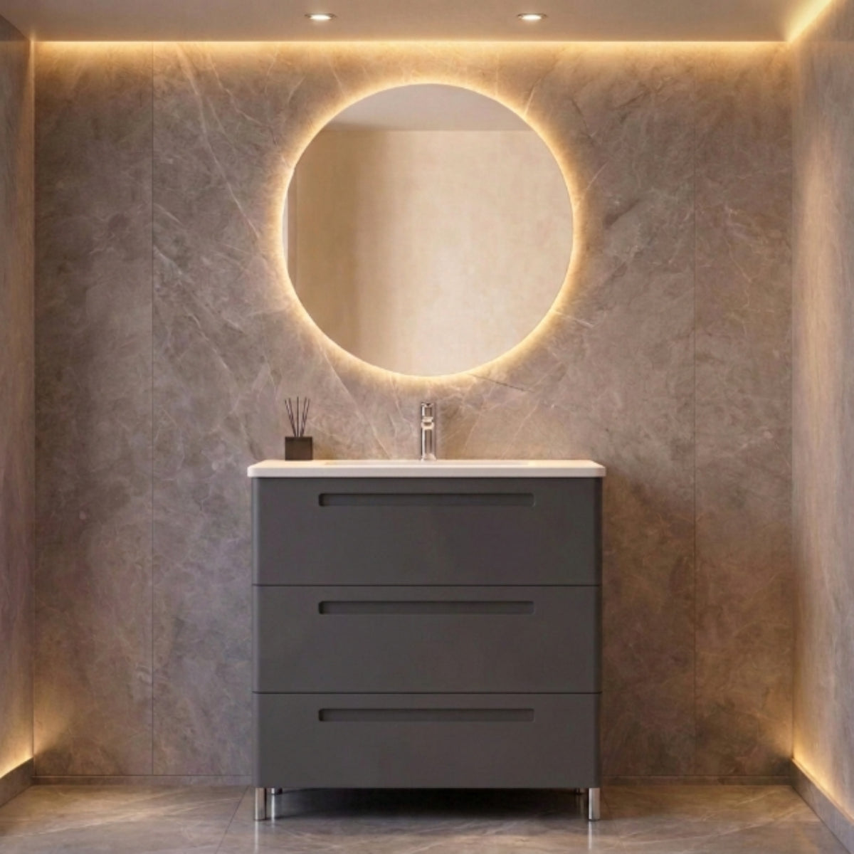 Mueble de baño 100 cm Paris 3 cajones color GRIS con lavabo integrado y patas Avila Dos - Errefe Home