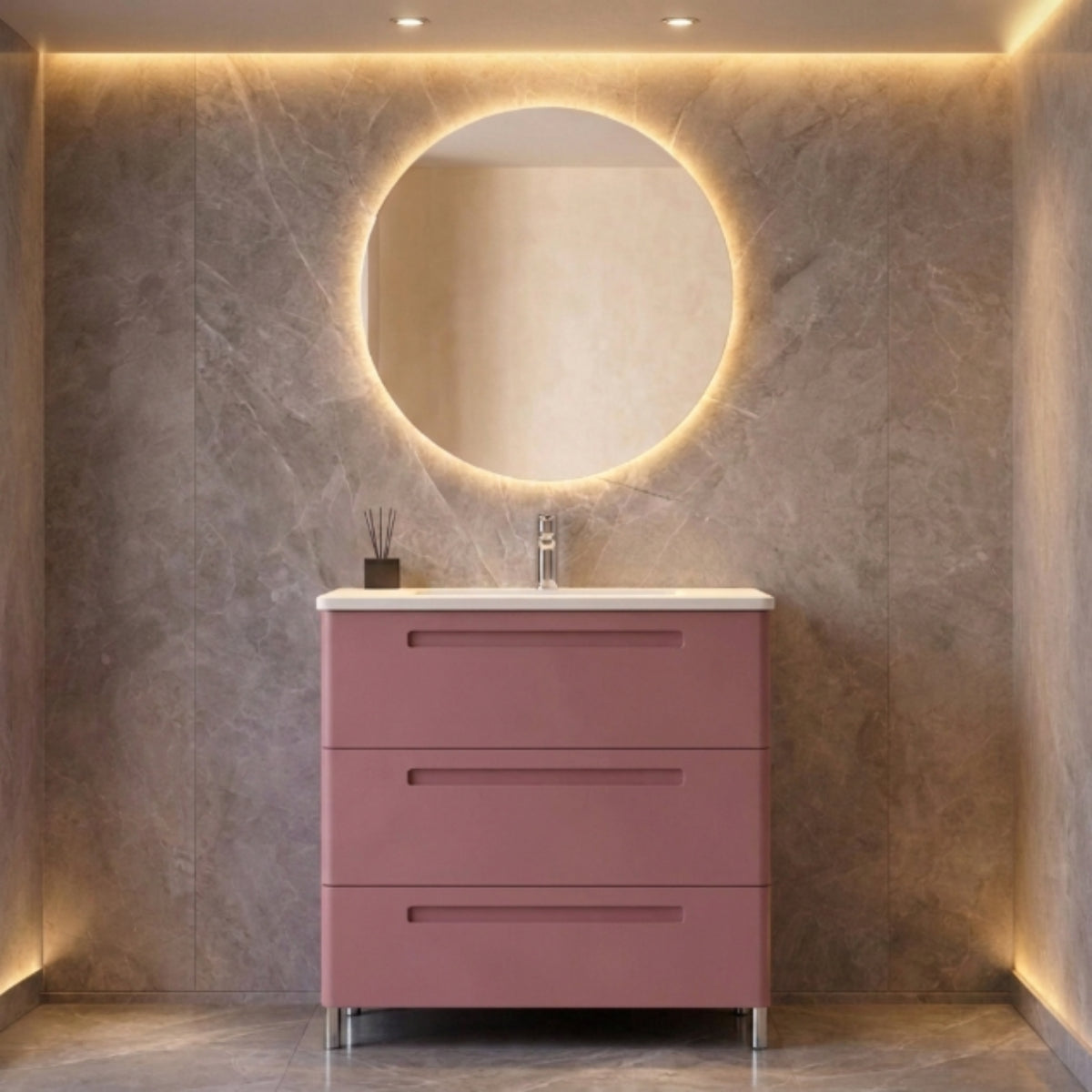 Mueble de baño 100 cm Paris 3 cajones color KORAL con lavabo integrado y patas Avila Dos - Errefe Home