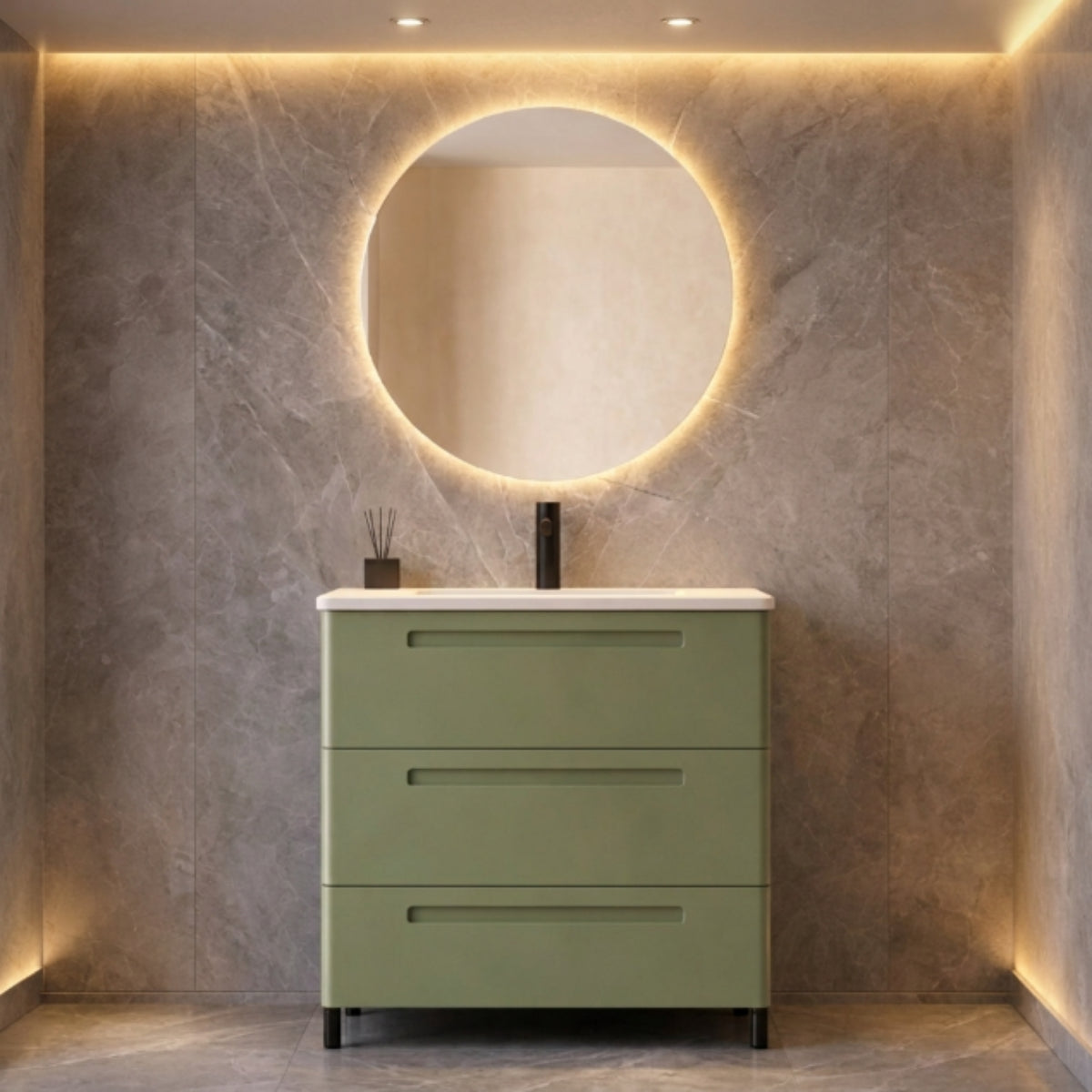 Mueble de baño 100 cm Paris 3 cajones color verde con lavabo integrado y patas Avila Dos - Errefe Home
