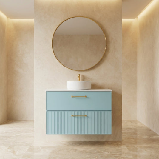 Mueble de baño 100 cm Avila Dos  2 cajones suspendidos con lavabo sobre encimera 1 seno Colección Blanca color azul claro Errefe Home