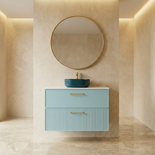 Mueble de baño 100 cm Avila Dos  2 cajones suspendidos con lavabo sobre encimera 1 seno Colección Blanca color azul claro Errefe Home
