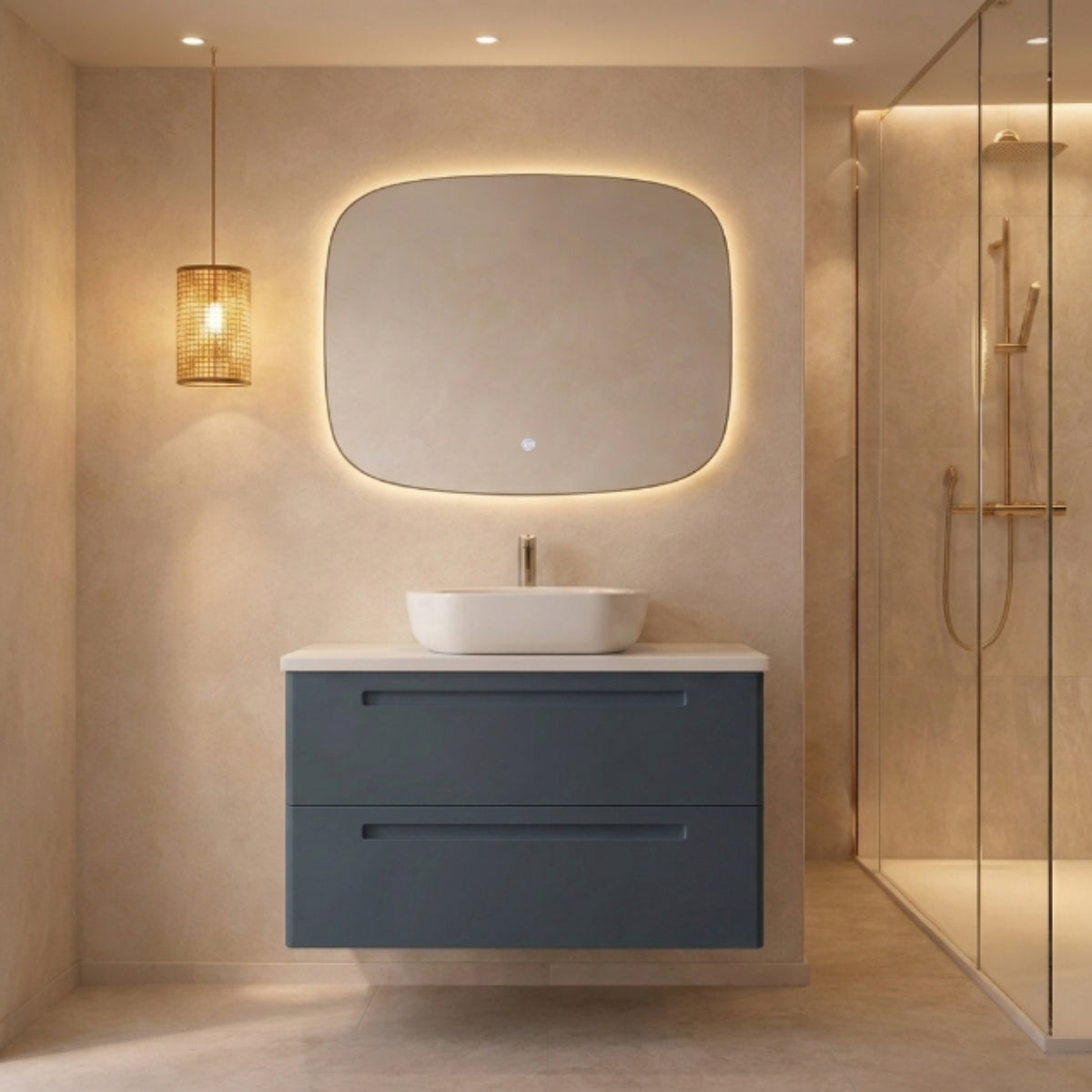 Mueble de baño 100 cm Paris 2 cajones suspendidos AZUL OSCURO con lavabo blanco sobre encimera Avila Dos Errefe Home