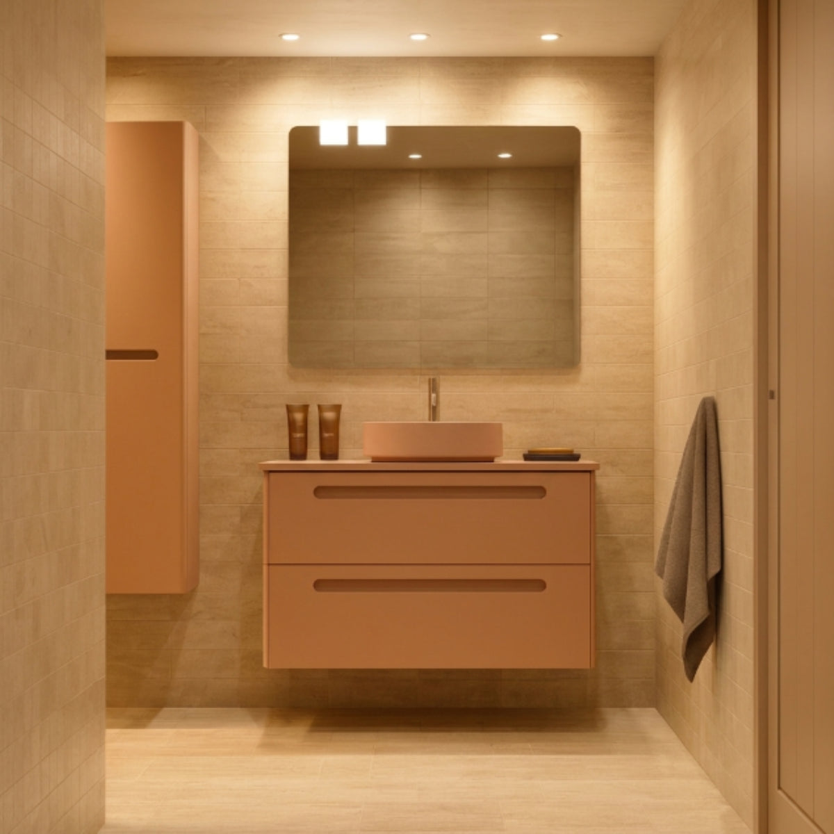 Mueble de baño 100 cm Paris 2 cajones color coral con lavabo sobre encimera Kolores Avila Dos Errefe Home