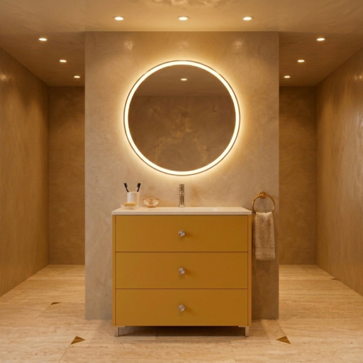 Mueble baño Carmen de 120 cm Costado visto color mostaza,  3 cajones con patas CROMO, lavabo integrado Avila Dos  - Errefe Home