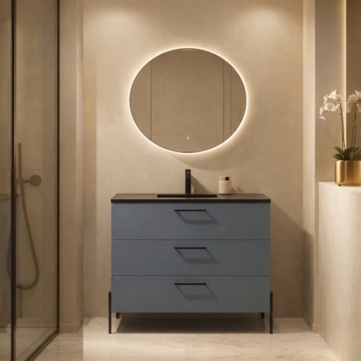Mueble baño Carmen 120 lacado azul 52 lavabo integrado 3 cajones patas LUNGO Avila Dos Errefe Home
