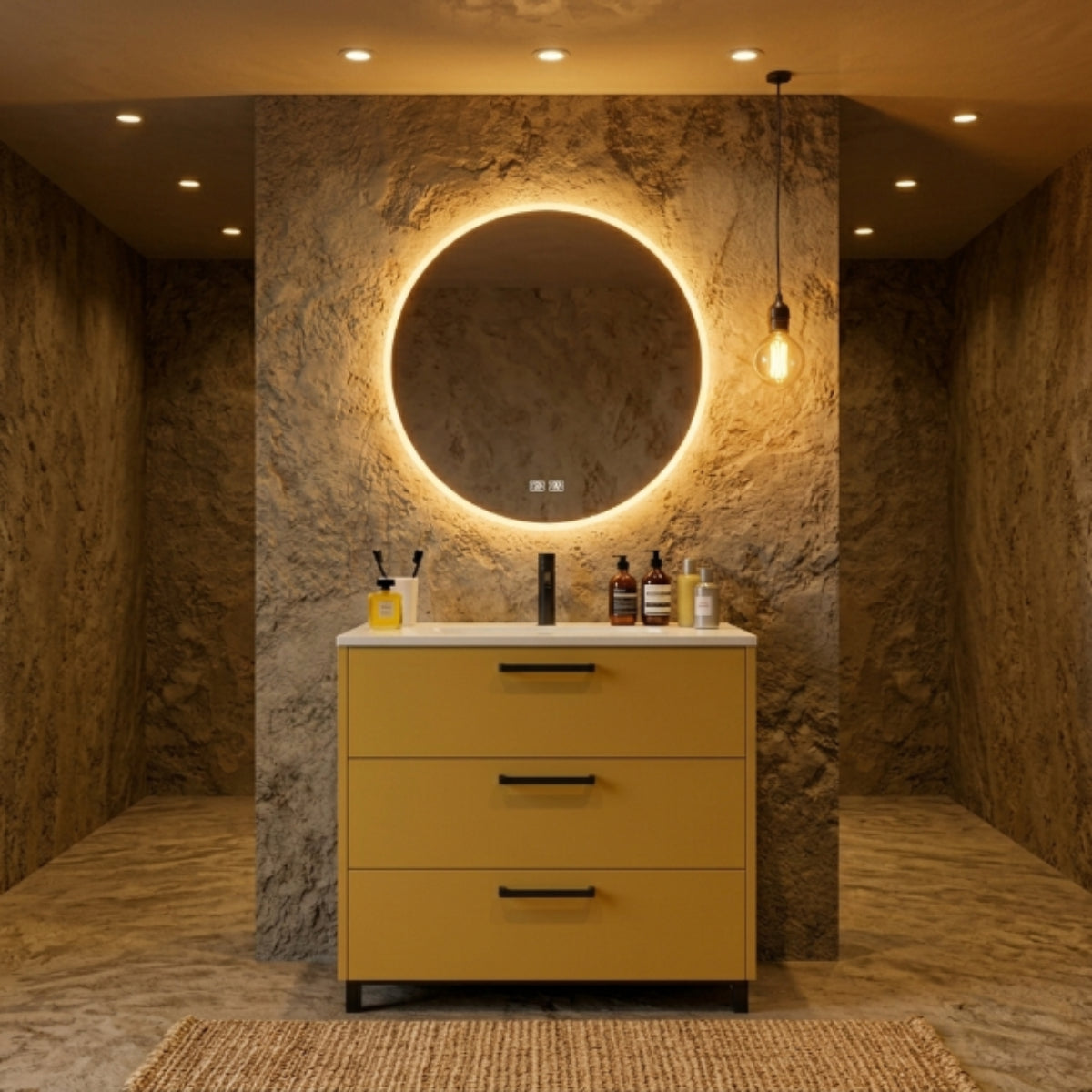 Mueble baño Carmen de 120 cm Costado visto color mostaza 253,  3 cajones con patas negras, lavabo integrado Avila Dos  - Errefe Home