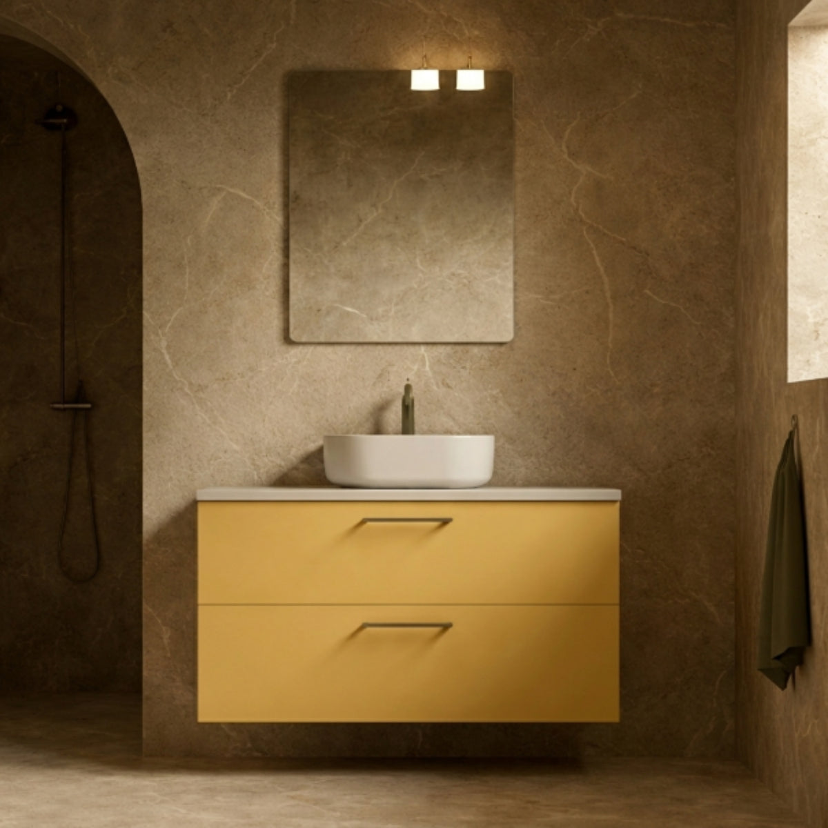 Mueble de baño 120 cm lacado color nude colección Carmen Avila Dos con lavabo Cuadrado sobre encimera 1 seno y 2 cajones suspendidos Errefe Home