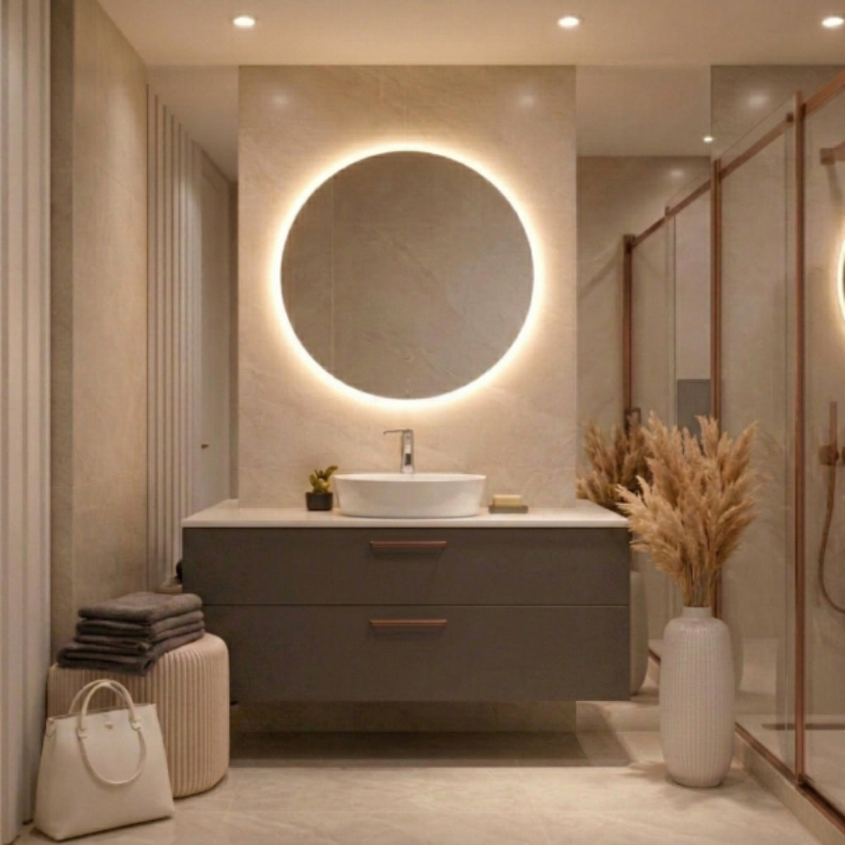 Mueble de baño 120 cm 2 cajones suspendidos colección Carmen color CAFE, con lavabo circular BLANCO sobre encimera 1 seno. Avila Dos  – Errefe Home
