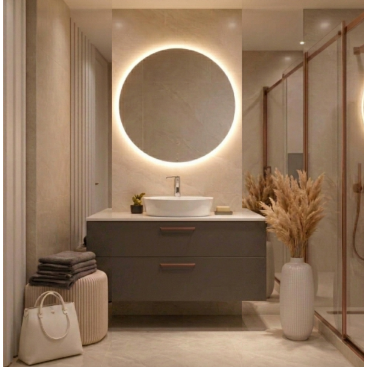 Mueble de baño 120 cm 2 cajones suspendidos colección Carmen color CAFE, con lavabo circular BLANCO sobre encimera 1 seno. Avila Dos  – Errefe Home