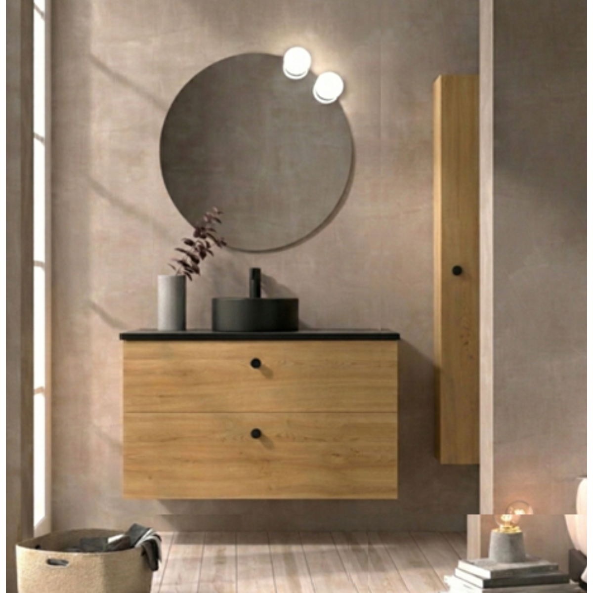 Mueble de baño 120 cm Carmen 2 cajones suspendidos con lavabo sobre encimera círculo KOLORES negro. Avila Dos - Errefe Home